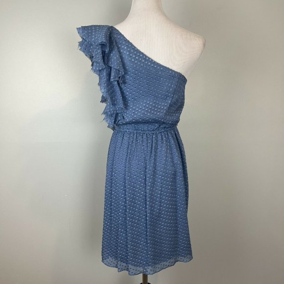 Rebecca Taylor One Shoulder Ruffle Clip Dot Crinkle Dress Silk Blend Size 4 - Picture 3 of 8
